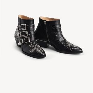 Chloe Susanna Ankle Studded Boots Booties Black Silver SZ 36.5